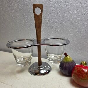 Vintage Kromex MCM Teak Wood Revolving Condiment Server Glass Bowls